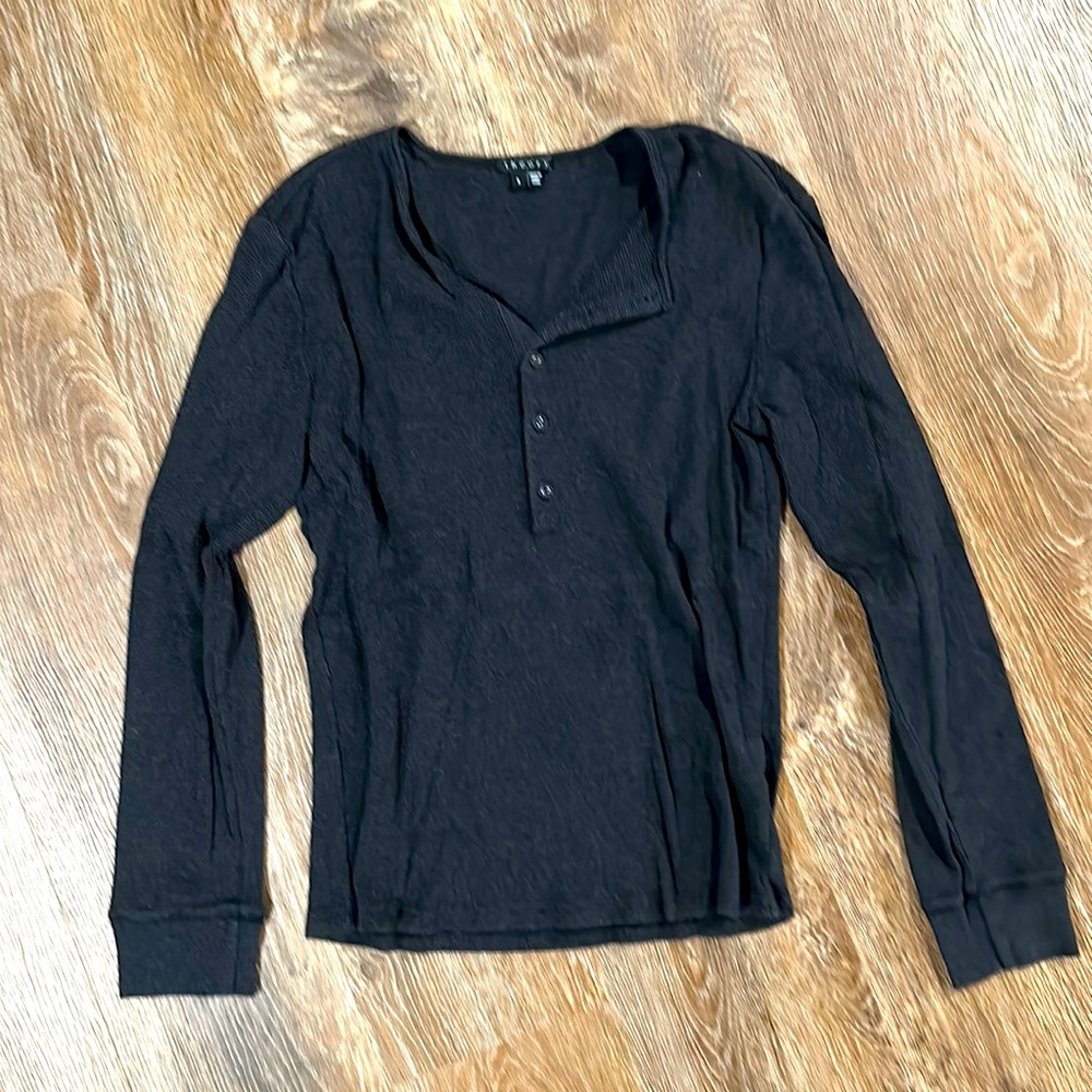 Theory Men Dark Charcoal Grey Gray Waffle Knit Henley Tee Long Sleeves Size S